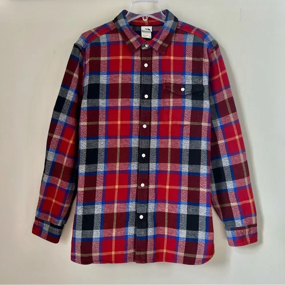 The North Face Arroyo Red Black Blue Plaid Heavyweight Flannel Shirt SZ XL